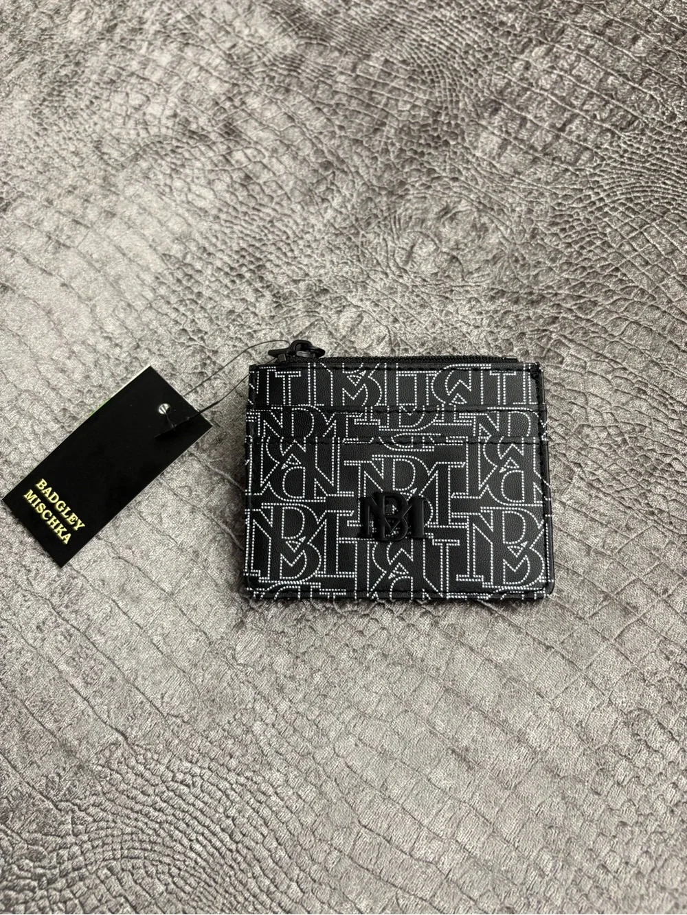 Badgley Mischka Black and White Logo Zip Card Wallet